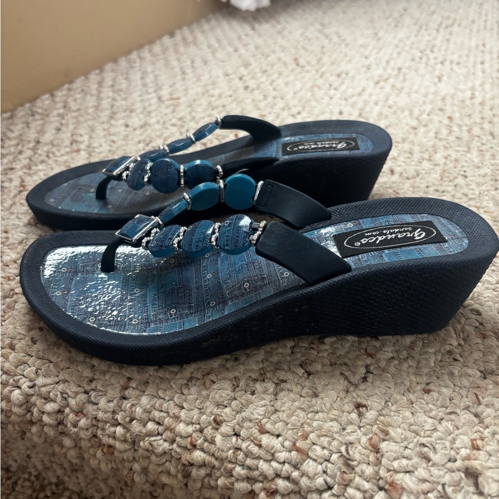 Women's Blue Beaded Denim Printed Sandals